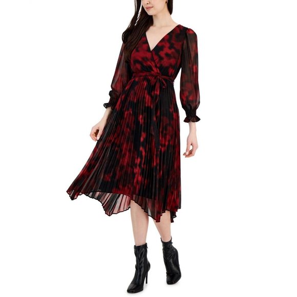 Taylor Dresses & Skirts - Red and Black Pleated Midi Wrap Dress